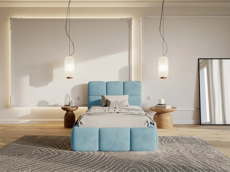 Polsterbett 90x200 cm Cloudy mit Stauraum, Metallrahmen, hellblauer Velours, wasserabweisend und pflegeleicht