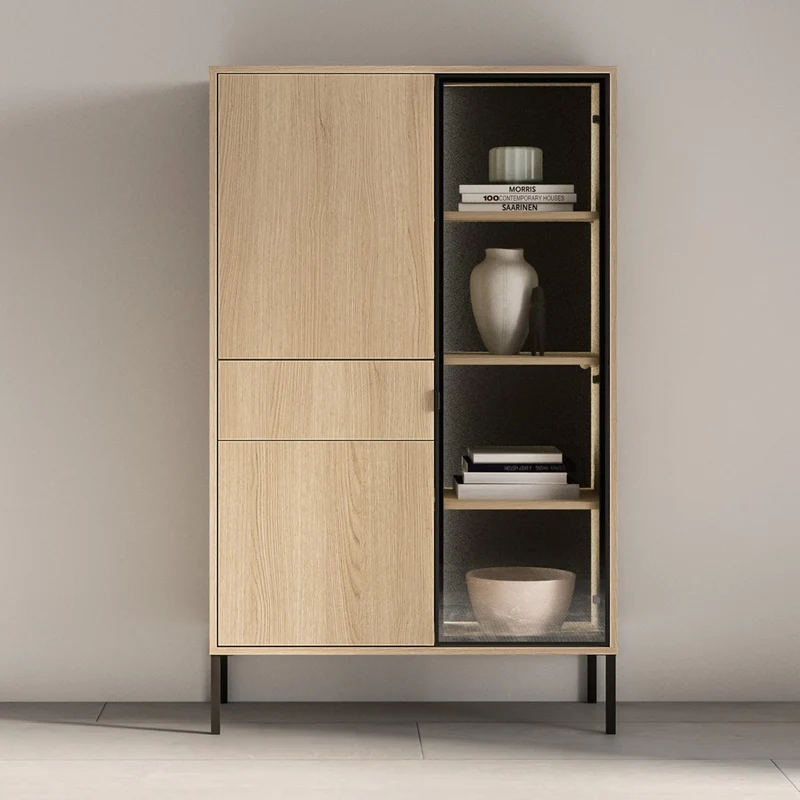 Drehtür-Vitrine Barnee mit Schublade und Beleuchtung, 92 cm, Lindberg-Eiche