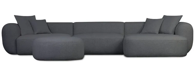 Großes, rechtseitiges, L-förmiges modulares Ecksofa Baomi mit Hocker, dunkelgrauer Chenille-Stoff