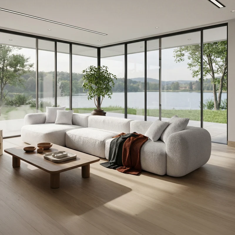 Modulares Ecksofa Baomi, groß, L-förmig, mit Pouf, linksseitig, grau-beige Chenille