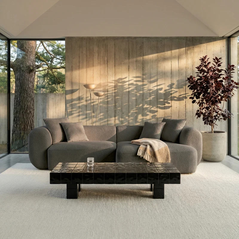 Modulares Ecksofa Baomi, L-förmig, rechtsseitig, hellbrauner Chenille-Stoff