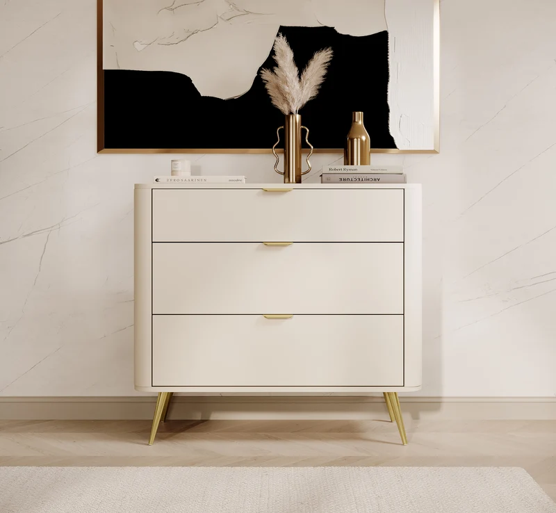 Oval-Kommode mit drei Schubladen, 92 cm, sandbeige