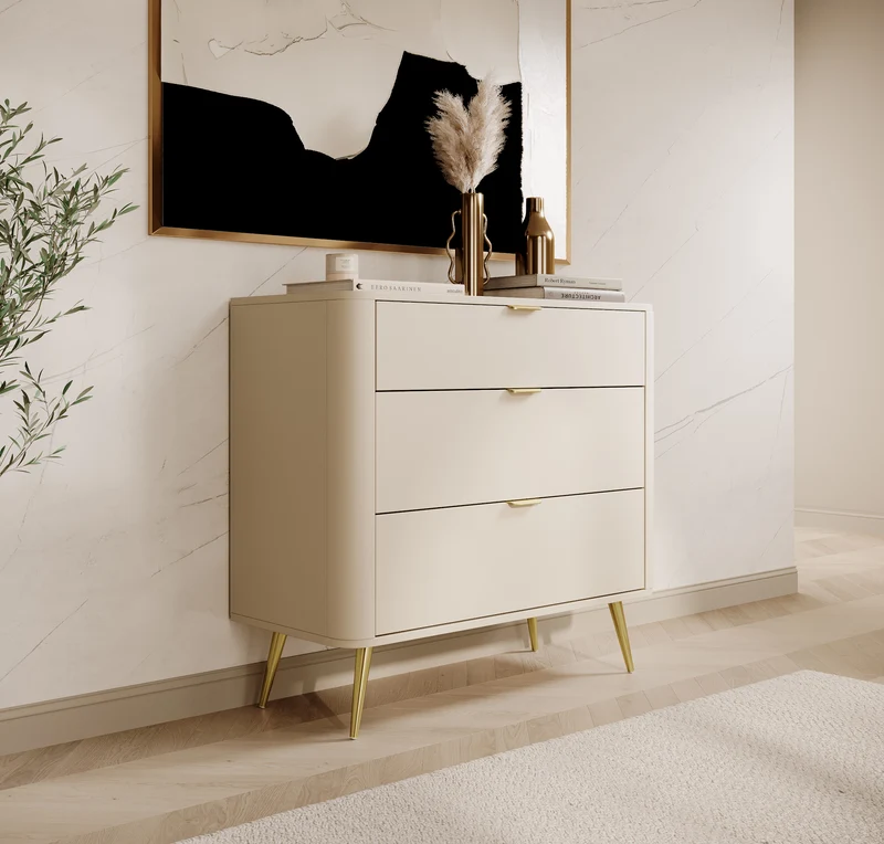 Oval-Kommode mit drei Schubladen, 92 cm, sandbeige