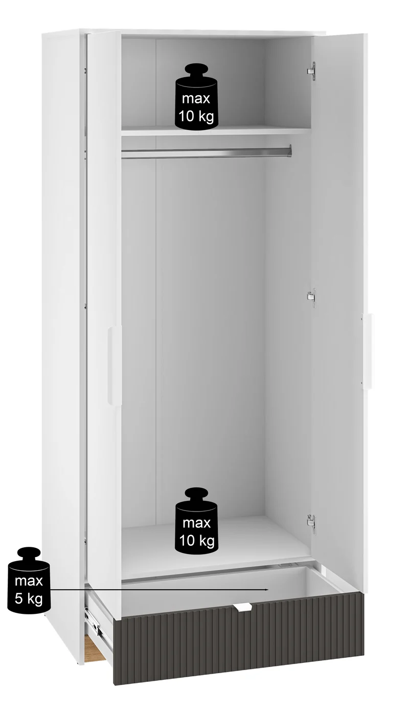 Jugendzweitüriger Kleiderschrank Torino mit geriffelter Schublade, 82 cm, Honey Castello Eiche/Alpenweiß/Grafit