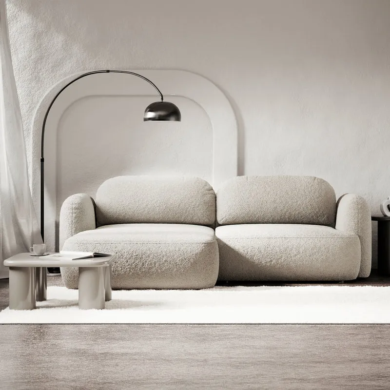 Ecksofa mit Schlaffunktion Tvoya, L-förmig, linksseitig, hellbeige Bouclé