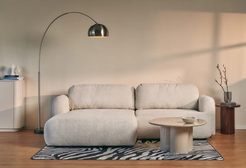 Ecksofa mit Schlaffunktion Tvoya, L-förmig, linksseitig, hellbeige Bouclé