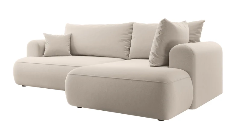 Ecksofa mit Schlaffunktion Ovo, L-förmig, mit Armlehne und Stauraum, hellbeiger, pflegeleichter Velours, rechtsseitig