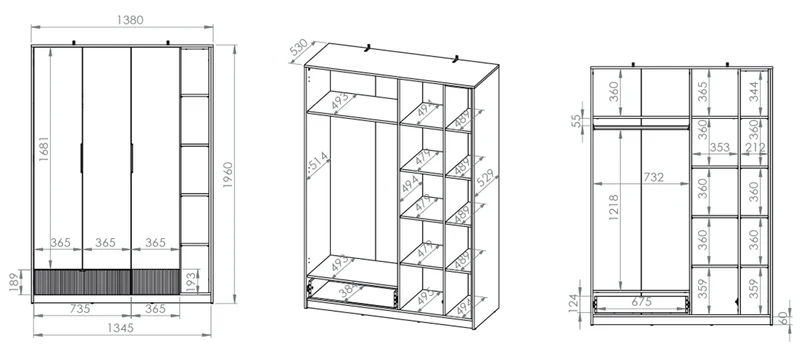 Jugendschrank Torino mit drei Türen, Schublade und gerillten Fächern, 138 cm, Honey Castello Eiche/Alpenweiß/Grafit