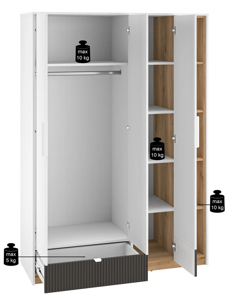 Jugendschrank Torino mit drei Türen, Schublade und gerillten Fächern, 138 cm, Honey Castello Eiche/Alpenweiß/Grafit