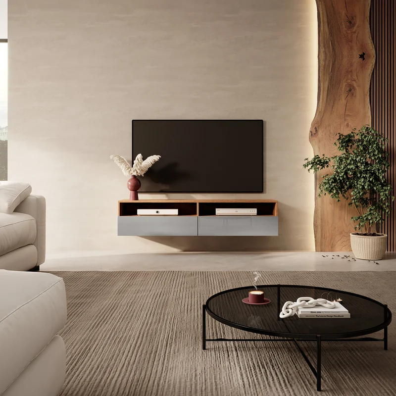 TV-Schrank mit zwei Schubladen Rednaw 140 cm Wotan-Eiche / Grauer Hochglanz mit Beleuchtung