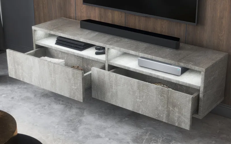 TV-Schrank mit zwei Schubladen Rednaw 140 cm Beton mit Beleuchtung