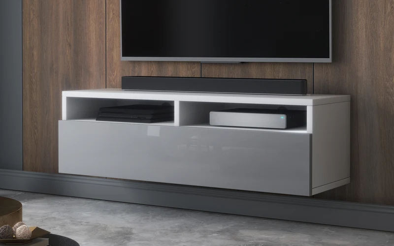 TV-Schrank mit Schublade Rednaw 100 cm Weiß matt / Grau glänzend mit Beleuchtung