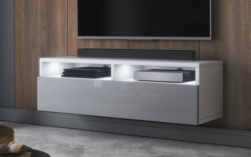 TV-Schrank mit Schublade Rednaw 100 cm Weiß matt / Grau glänzend mit Beleuchtung