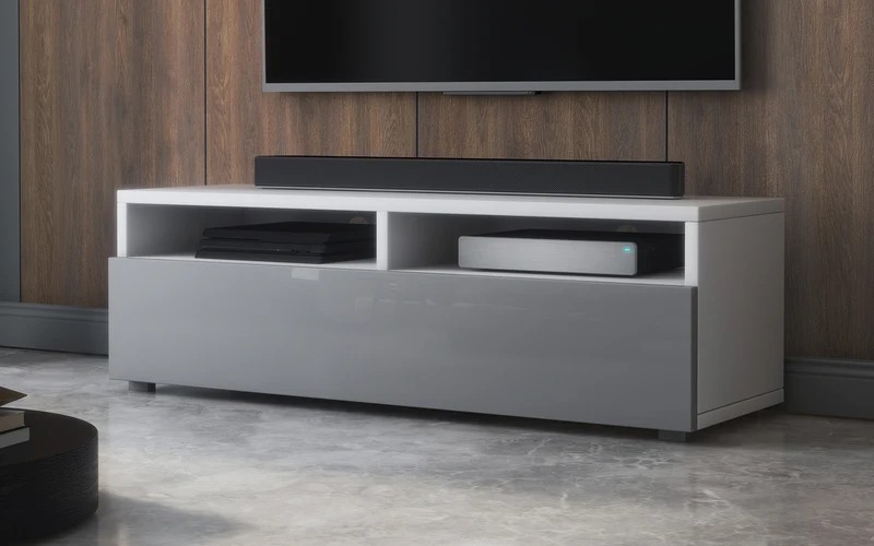 TV-Schrank mit Schublade Rednaw 100 cm Weiß matt / Grau glänzend mit Beleuchtung