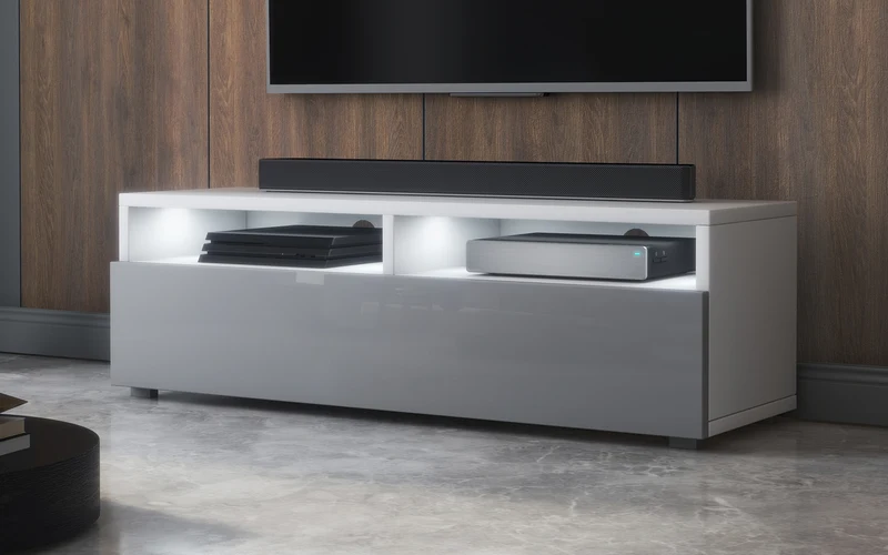 TV-Schrank mit Schublade Rednaw 100 cm Weiß matt / Grau glänzend mit Beleuchtung