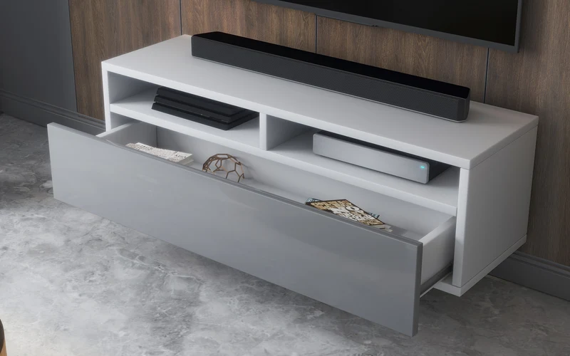 TV-Schrank mit Schublade Rednaw 100 cm Weiß matt / Grau glänzend mit Beleuchtung