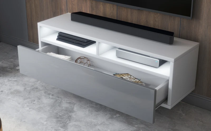 TV-Schrank mit Schublade Rednaw 100 cm Weiß matt / Grau glänzend mit Beleuchtung