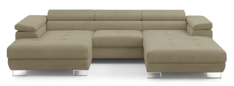 Ecksofa mit Schlaffunktion Nollia, U-förmig, linksseitig, mit verstellbaren Kopfstützen und zwei Stauraumfächern, hellbraunes Bouclé