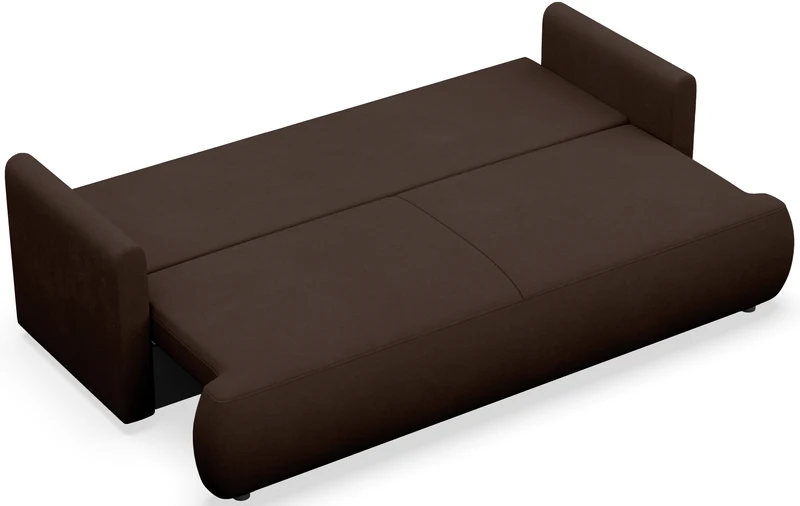 Dreisitziges ausklappbares Sofa Ovo Mini mit braunem Chenille-Stoff und leicht zu reinigendem Stauraum