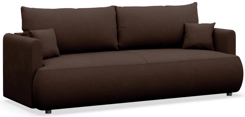 Dreisitziges ausklappbares Sofa Ovo Mini mit braunem Chenille-Stoff und leicht zu reinigendem Stauraum