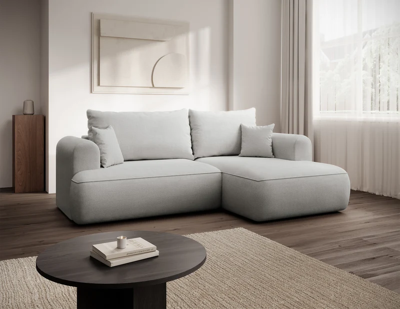 Ecksofa mit Schlaffunktion Ovo mini, L-förmig, linksseitig, mit Stauraum, cremefarben, pflegeleichter Chenille-Stoff