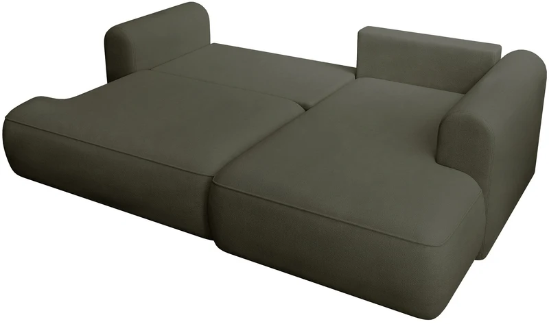 Ecksofa mit Schlaffunktion Ovo mini, L-förmig, rechtsseitig, olivgrüner Chenille-Stoff, pflegeleicht