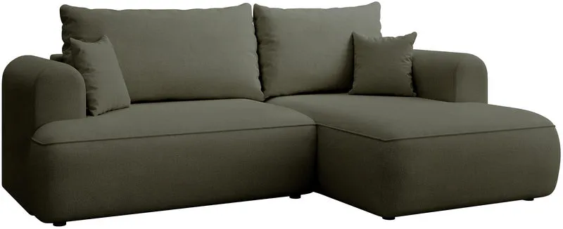 Ecksofa mit Schlaffunktion Ovo mini, L-förmig, rechtsseitig, olivgrüner Chenille-Stoff, pflegeleicht
