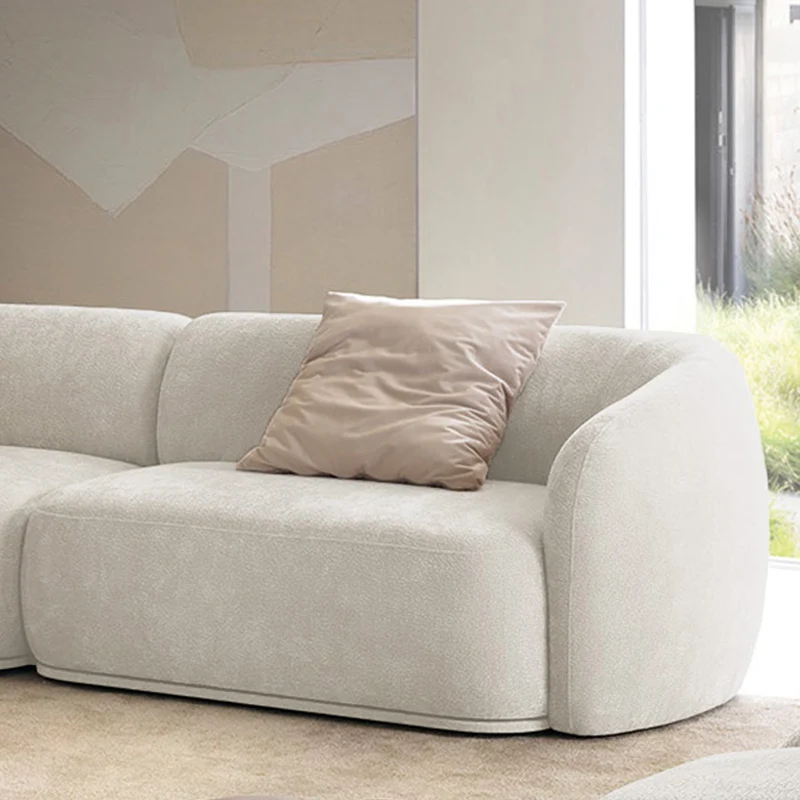 Modulares Ecksofa Bommo L-förmig mit linksseitigem Hocker, cremefarbener Chenillestoff