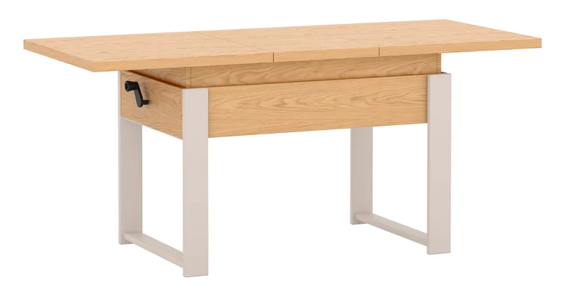 Ausziehbarer Couchtisch Hugo 120(157)x67 cm in Eiche Bookmatch mit kaschmirfarbenen Beinen