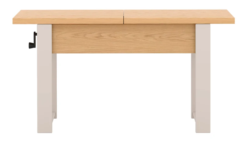 Ausziehbarer Couchtisch Hugo 120(157)x67 cm in Eiche Bookmatch mit kaschmirfarbenen Beinen