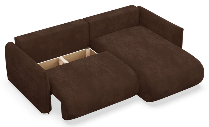 Ecksofa mit Schlaffunktion Cushi, L-förmig, rechtsseitig, mit Stauraum, brauner Chenille-Bezug