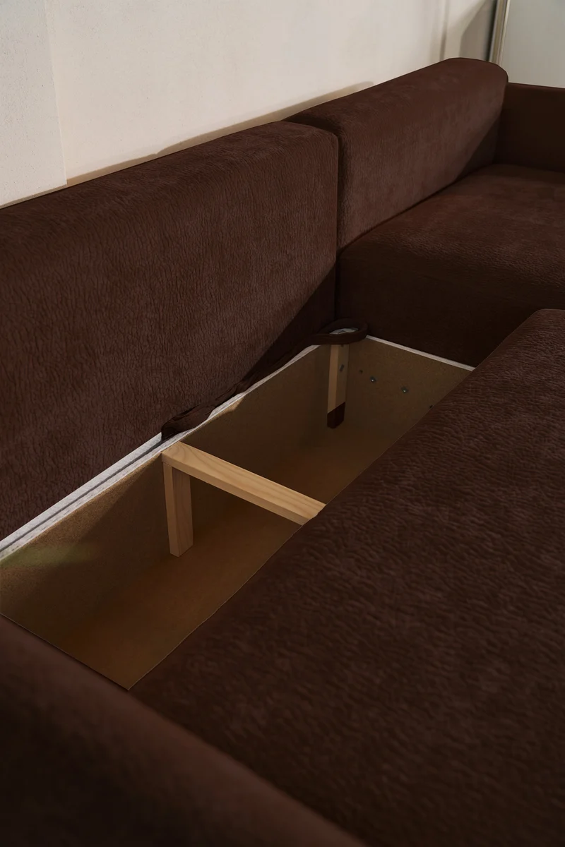 Ecksofa mit Schlaffunktion Cushi, L-förmig, rechtsseitig, mit Stauraum, brauner Chenille-Bezug