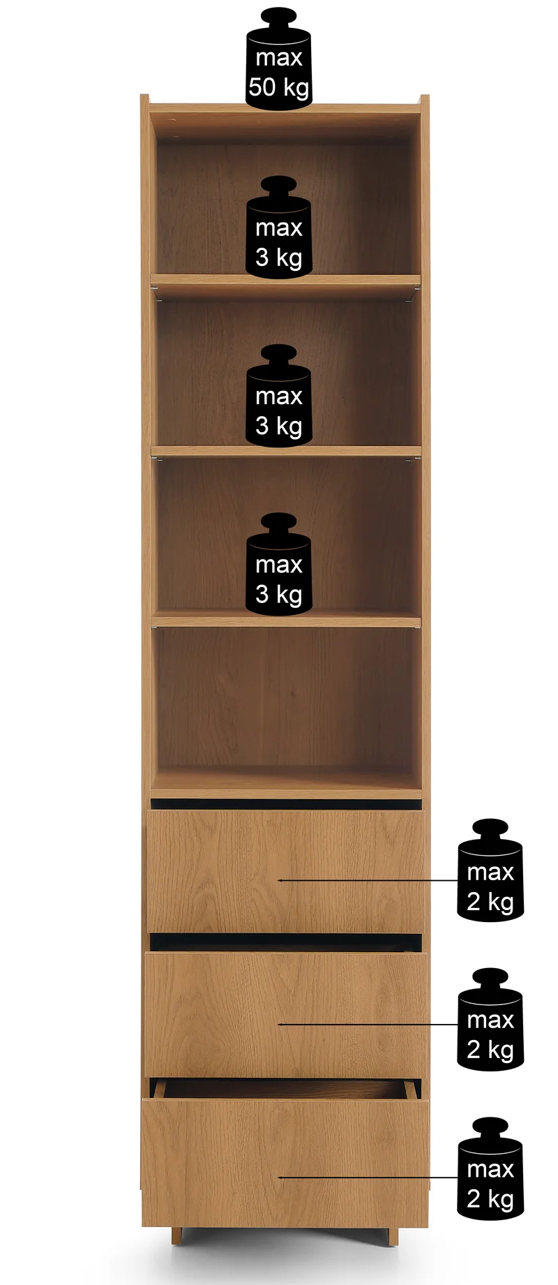 Yasumi Regal mit drei Schubladen und Regalen, 50 cm, Karamelleiche