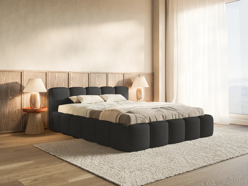 Gepolstertes Bett 120x200 cm Cloudy Low mit Stauraum, Metallrahmen, graphitfarben, hydrophober Chenille-Stoff