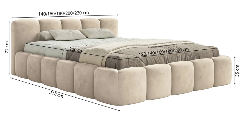 Gepolstertes Bett 120x200 cm Cloudy Low, grau, wasserabweisender und leicht zu reinigender Samtvelours