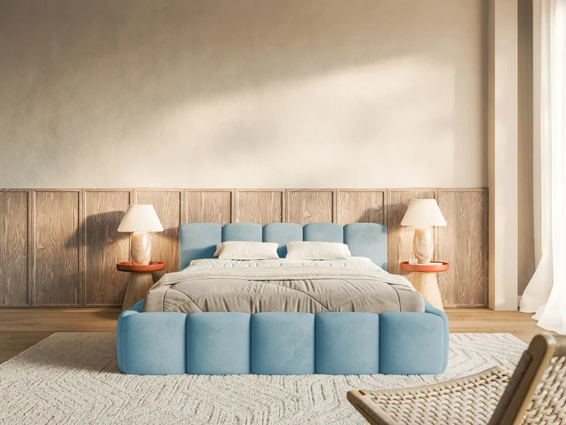 Gepolstertes Bett 120x200 cm Cloudy Low, hellblauer Velours, wasserabweisend und pflegeleicht