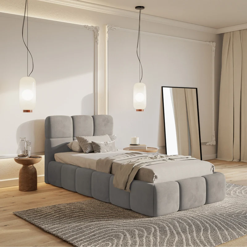 Gepolstertes Bett 90x200 cm Cloudy mit Stauraum, Metallrahmen, hellgrauer Velours, wasserabweisend und pflegeleicht