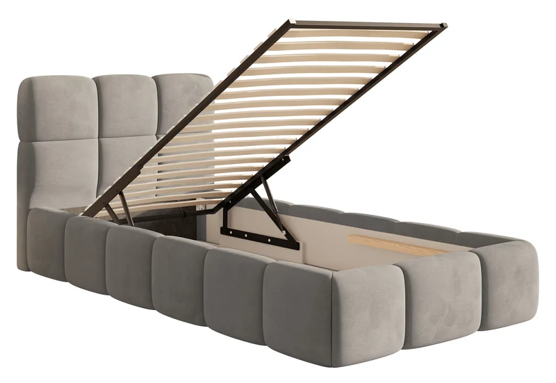Gepolstertes Bett 90x200 cm Cloudy mit Stauraum, Metallrahmen, hellgrauer Velours, wasserabweisend und pflegeleicht