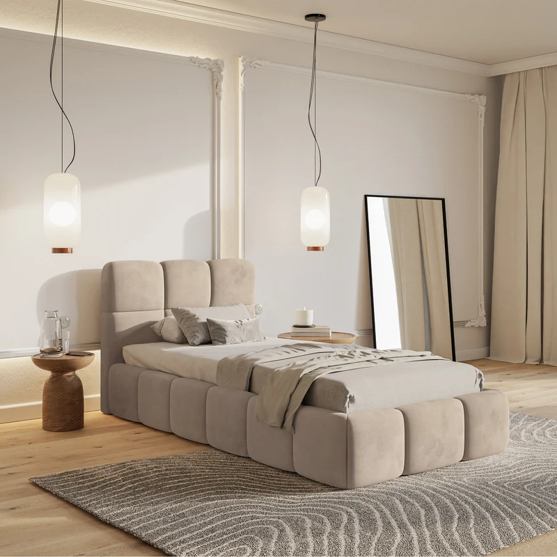 Polsterbett 90x200 cm Cloudy mit Stauraum, Metallrahmen, beige Velours, wasserabweisend und leicht zu reinigen