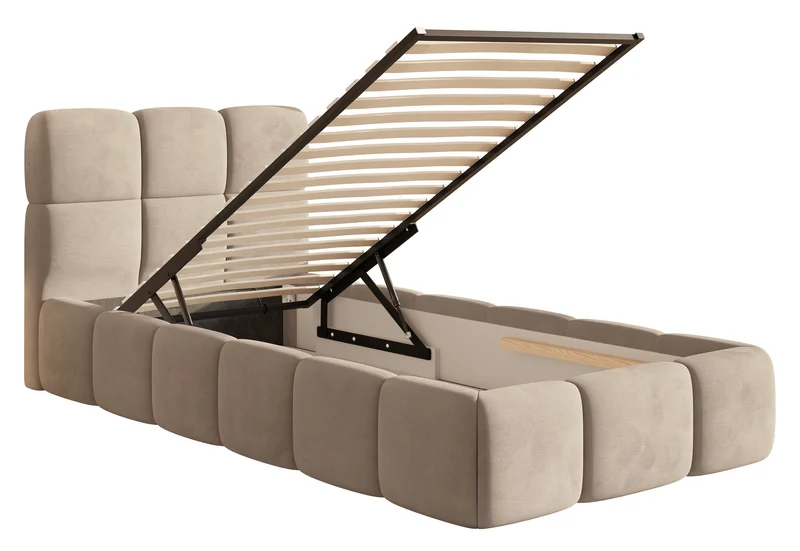 Polsterbett 90x200 cm Cloudy mit Stauraum, Metallrahmen, beige Velours, wasserabweisend und leicht zu reinigen