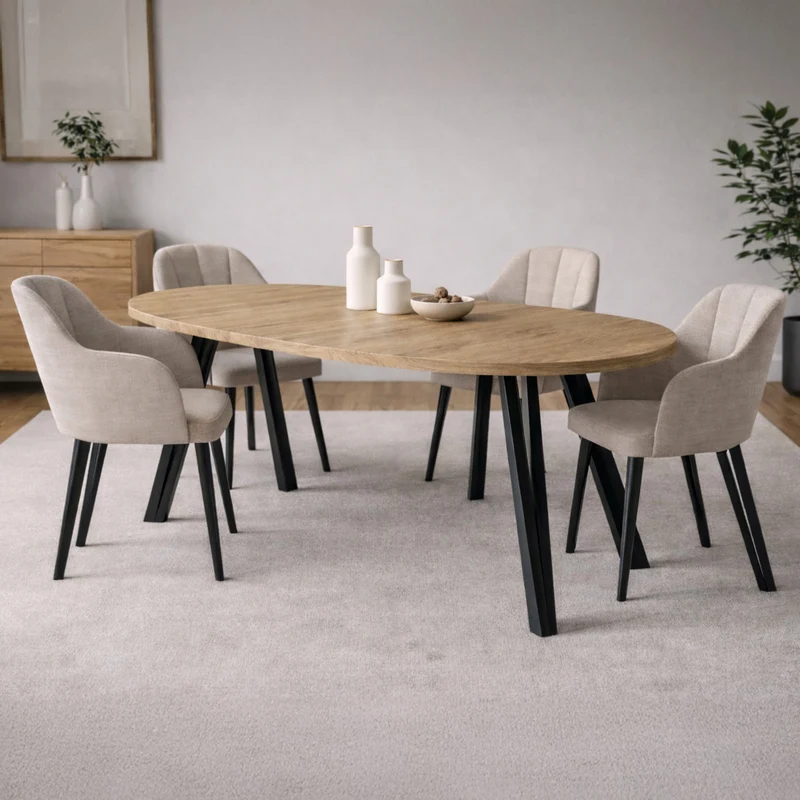 Ausziehbarer Esstisch Osenness 100-180x100 cm Cremona-Eiche mit schwarzen Beinen