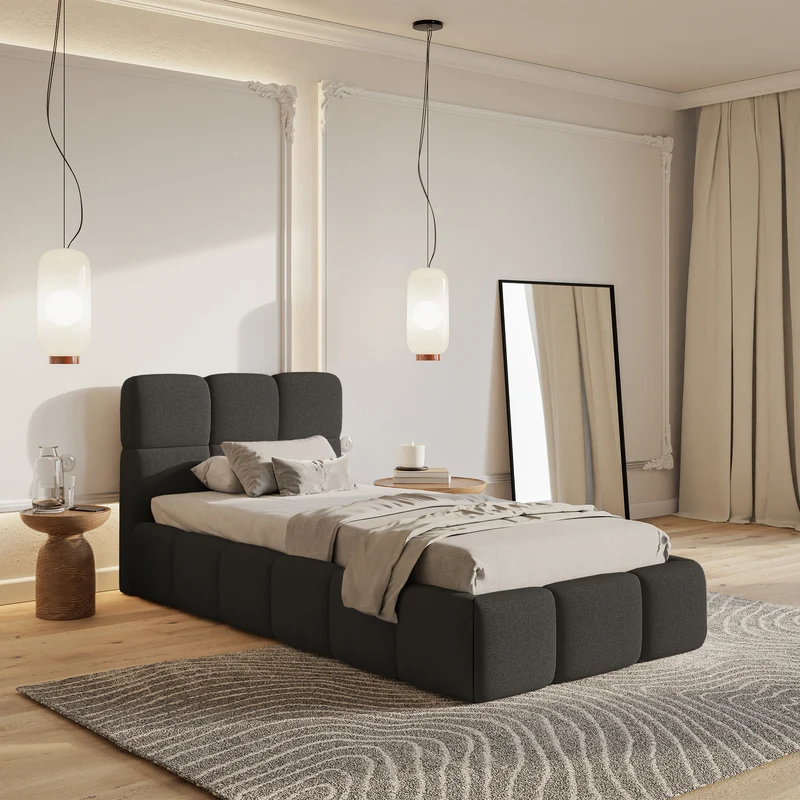 Gepolstertes Bett 90x200 cm Cloudy, grafitfarben, hydrophobes Chenille