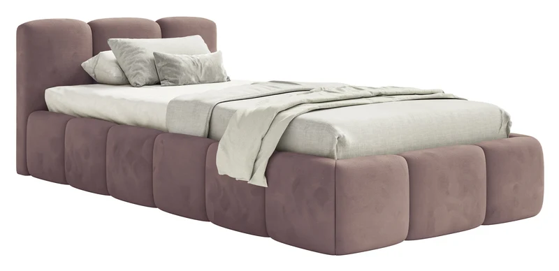 Gepolstertes Bett 90x200 cm Cloudy Low mit Stauraum, Metallrahmen, hellrosa Velours, wasserabweisend und leicht zu reinigen