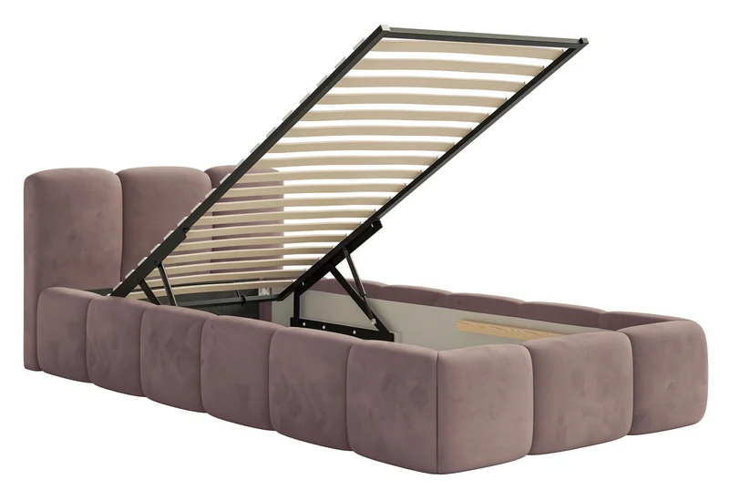 Gepolstertes Bett 90x200 cm Cloudy Low mit Stauraum, Metallrahmen, hellrosa Velours, wasserabweisend und leicht zu reinigen