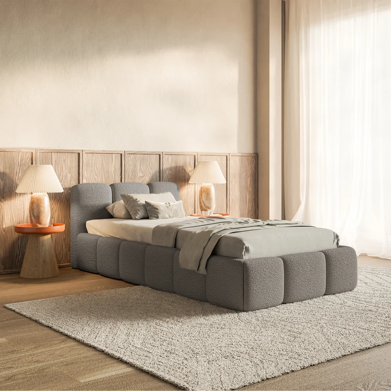 Polsterbett 90x200 cm Cloudy Low mit Stauraum, Metallrahmen, grauer Bouclé-Stoff