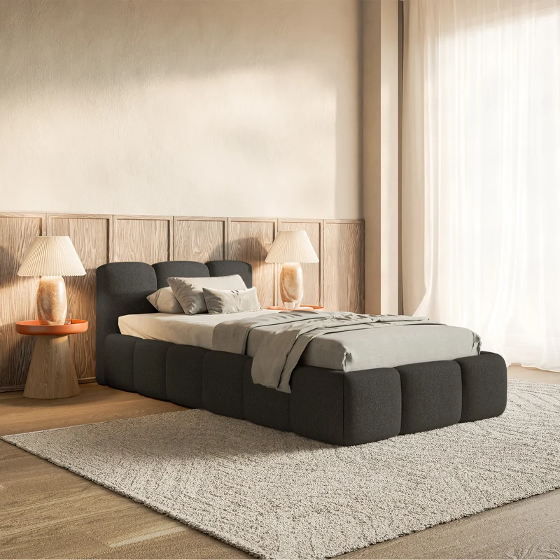 Polsterbett 90x200 cm Cloudy Low mit Stauraum, Metallrahmen, graphitfarben, wasserabweisender Chenille-Stoff