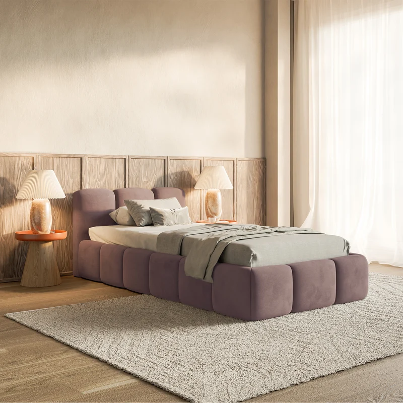 Polsterbett 90x200 cm Cloudy Low hellrosa Velours, wasserabweisend, leicht zu reinigen