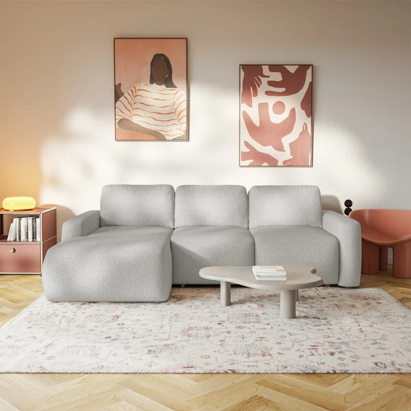 Ecksofa mit Schlaffunktion Carnos Mini, L-förmig, linksseitig, grau-beige, pflegeleichter Chenille-Stoff
