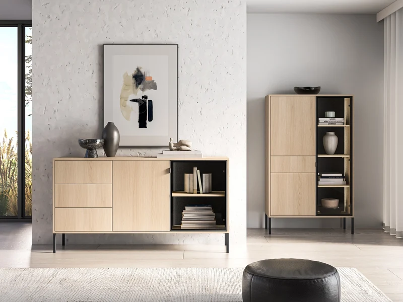 Zweiturige Kommode Barnee mit Schubladen und Beleuchtung, 160 cm, Lindberg-Eiche