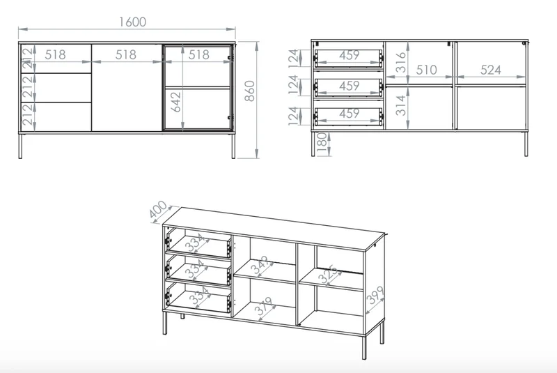 Zweiturige Kommode Barnee mit Schubladen und Beleuchtung, 160 cm, Lindberg-Eiche